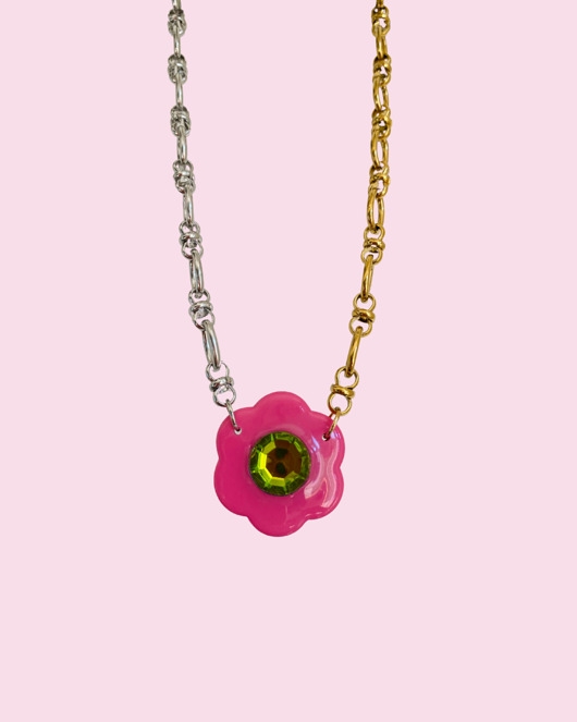 Image of Pakamera CHOKER srebrno-złoty z różowym kwiatem