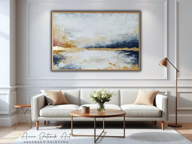 Image of Pakamera SZEPT KOLORU Abstrakcyjny obraz ze złotem, ręcznie malowany, 100x70 cm
