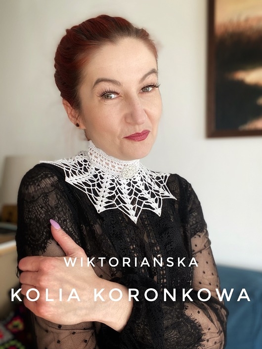 Image of Pakamera Biała szydełkowa koronkowa wiktoriańska kolia z broszką z cyrkonii