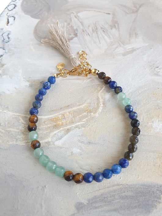 Image of Pakamera Bransoletka BOHO lapis lazuli, tygrysie oko, jadeit zielony, obsydian złocisty