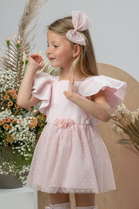 Image of Pakamera Sukienka JUDITH organic z tiulowym dołem i krótkim rękawem różowa