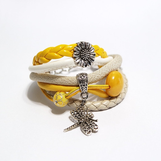 Image of Pakamera Bransoletka - Żółta ważka, stokrotka - rzemienie
