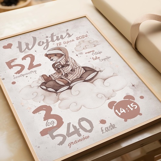 Image of Pakamera Metryczka Miś na chmurce Plakat dla dziecka