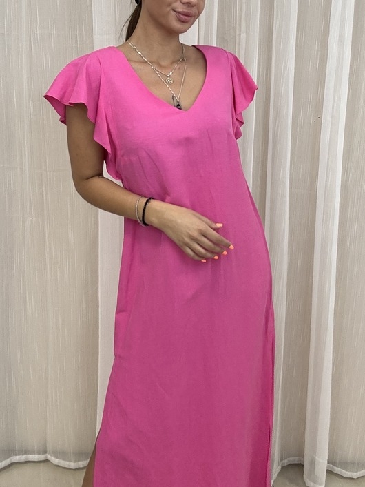 Image of Pakamera Wiskozowo-lniana sukienka Fucsia