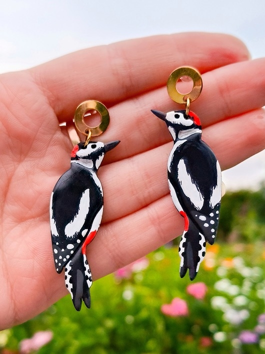 Image of Pakamera Kolczyki dzięcioły, biżuteria z dzięciołem, lekkie kolczyki z ptakami, boho