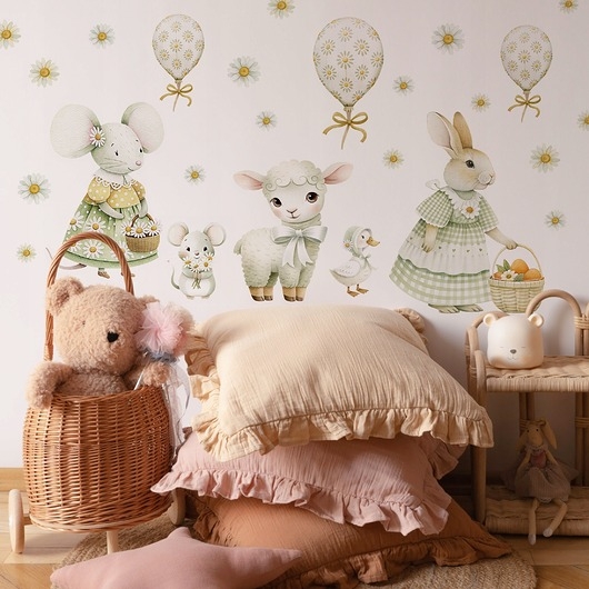 Image of Pakamera Naklejki na ścianę dla dzieci OWIECZKA KRÓLICZEK MYSZKA balony stokrotki
