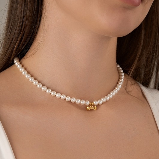 Image of Pakamera Choker naszyjnik perły kokardka- srebro 925 pozłacane