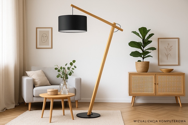 Image of Pakamera Lampa stojąca do salonu drewniana na jednej nodze TORINO