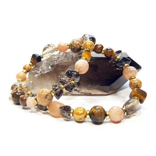 Image of Pakamera Choker kamień słoneczny, tygrysie oko, jaspis pejzażowy, kwarc dymny