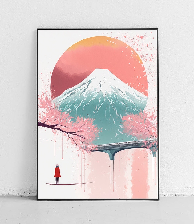 Image of Pakamera Plakat Góra Fuji z pociągiem i osobą w czerwonym płaszczu