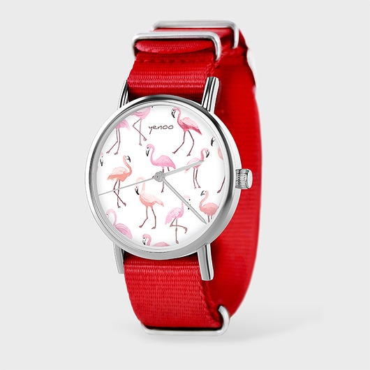 Image of Zegarek - Flamingi - czerwony, nylonowy