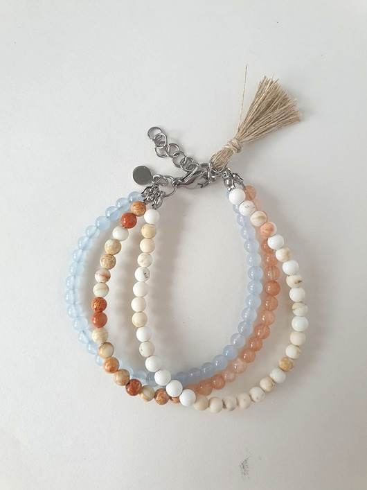 Image of Pakamera Bransoletka TRIO BOHO ART jadeit, jaspis, howlit, krem, niebieski, beż