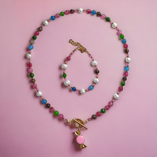 Image of Pakamera KOMPLET candy UNIKAT : jadeit multicolor : NASZYJNIK i bransoletka