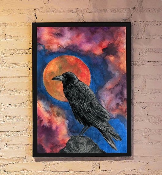 Image of Plakat - czarna wrona na tle księżyca