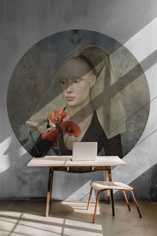 Image of Pakamera Mural DOTS Kobieta z makiem- okrągła dekoracja ścienna
