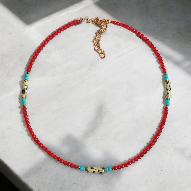 Image of Pakamera Naszyjnik - choker : INDIA : koral, magnezyt, jaspis, hematyt