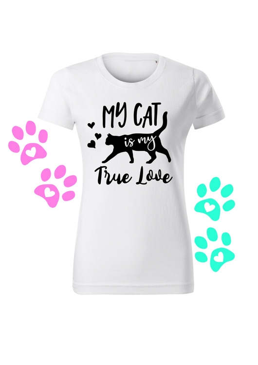 Image of Koszulka T-shirt My Cat is my true Love Folia Flex/ biała