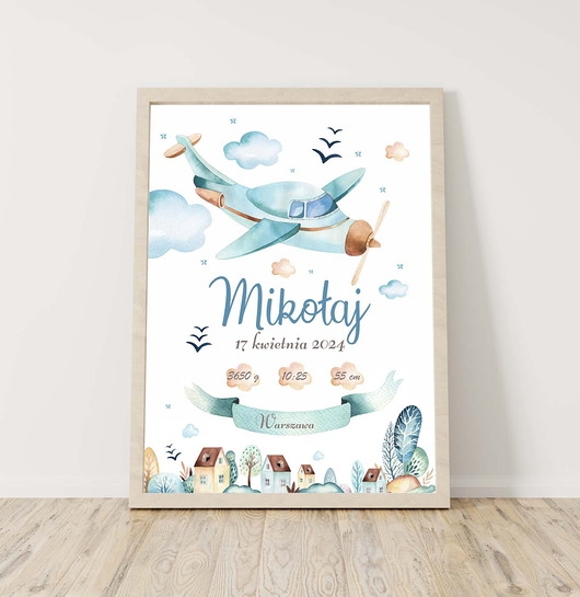 Image of Pakamera Metryczka samolot dla chłopca - Plakat na ścianę