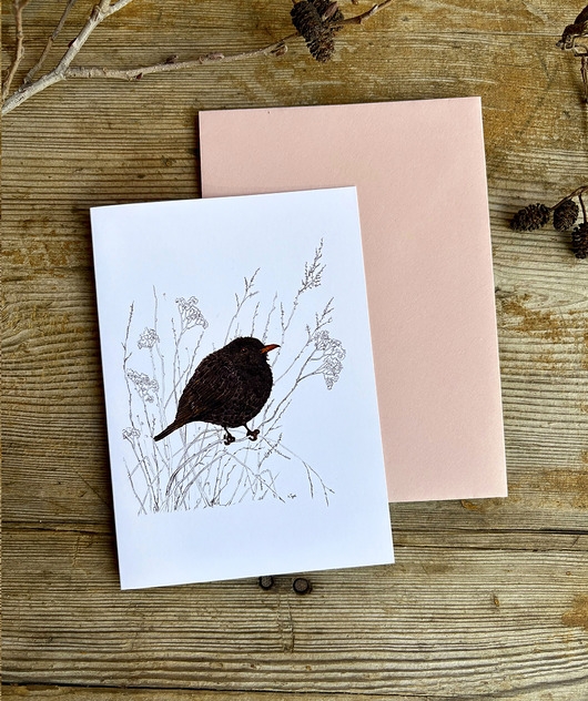 Image of Pakamera Zimowy Kos- Kartka- Grafika- Ilustracja- Ptaki
