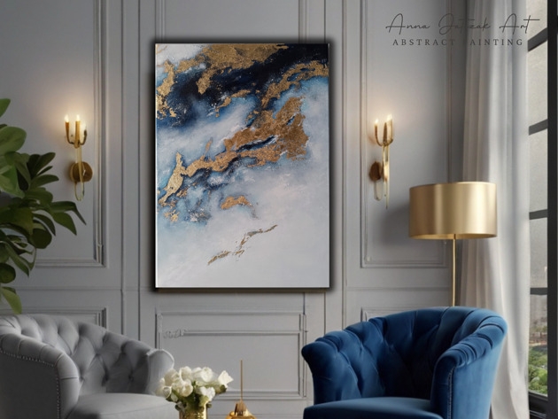 Image of Pakamera OCEAN Abstrakcyjny obraz akrylowy ze złotem, ręcznie malowany, 70x50 cm