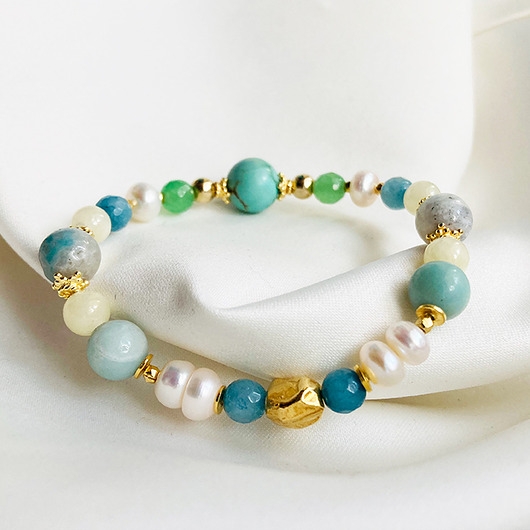 Image of Pakamera MAGIA Elegancka Bransoletka z kamieni , Amazonit, jadeit, perły złoto