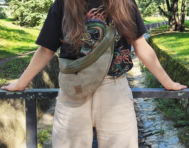 Image of Pakamera Nerka Haru zielona khaki bawełniana z ekoskórą