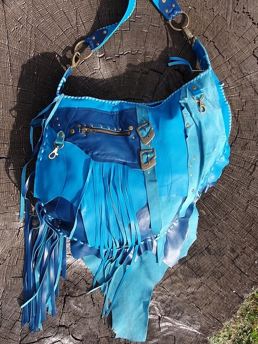 Image of Pakamera Duża skórzana niebieska torebka boho