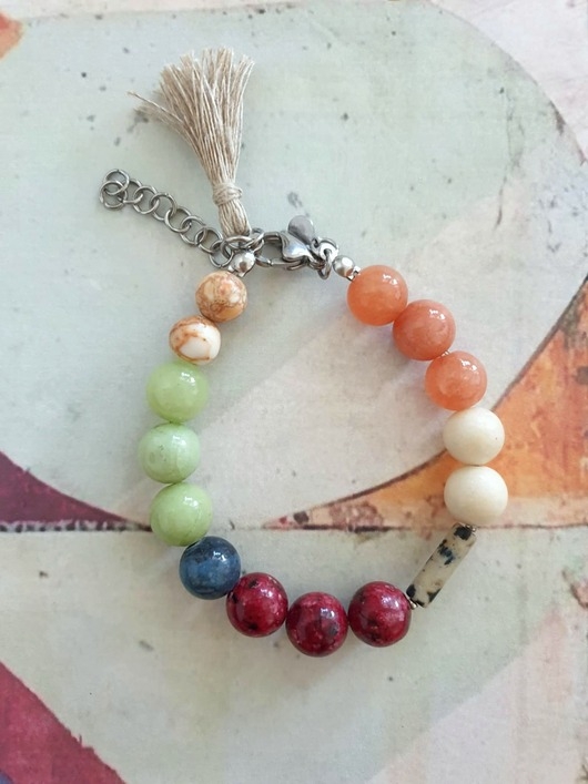 Image of Pakamera Bransoletka BOHO ART jadeit, jaspis, bordo, rudy, krem, mięta