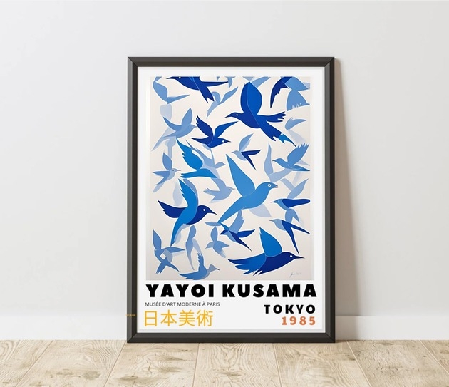 Image of PLAKAT dekoracyjny ptaki Yayoi Kusama, niebieski poster