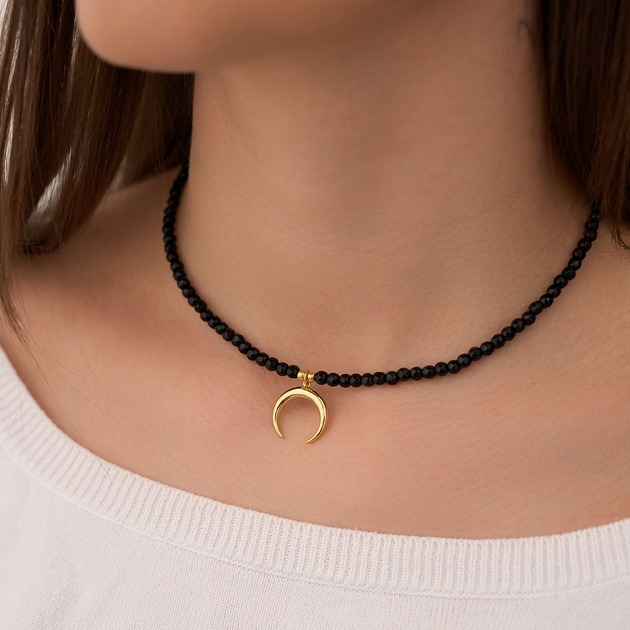 Image of Pakamera Choker naszyjnik onyksy róg srebro 925 pozłacane