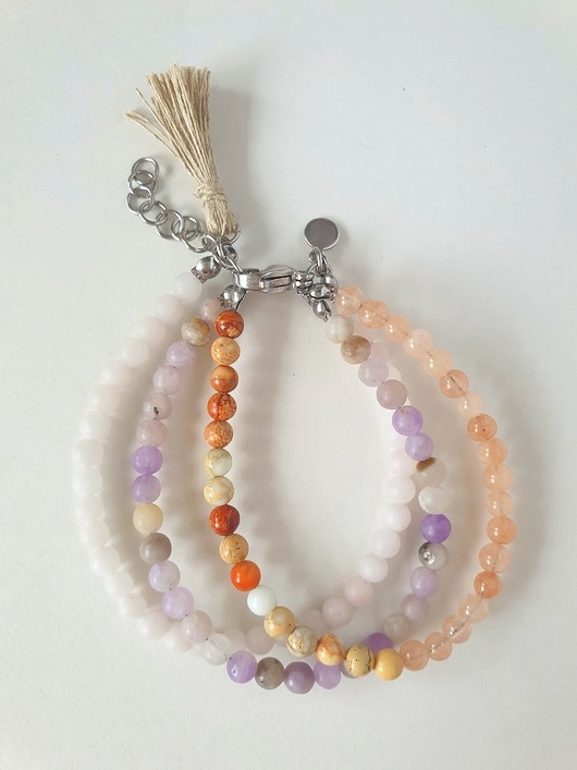Image of Pakamera Bransoletka TRIO BOHO ART jadeit, jaspis, kwarc, fiolet, pomarańcz,beż