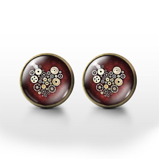 Image of Pakamera Kolczyki sztyfty - Steampunk Heart - brąz