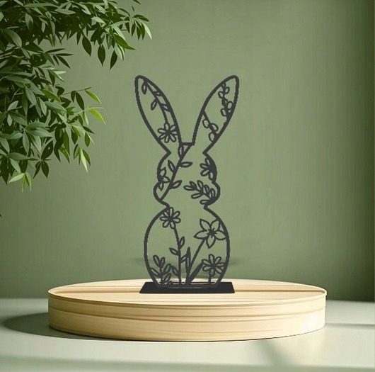 Image of Pakamera Królik Zając Figurka wielkanocny z drewna 20cm na podstawce decoupage