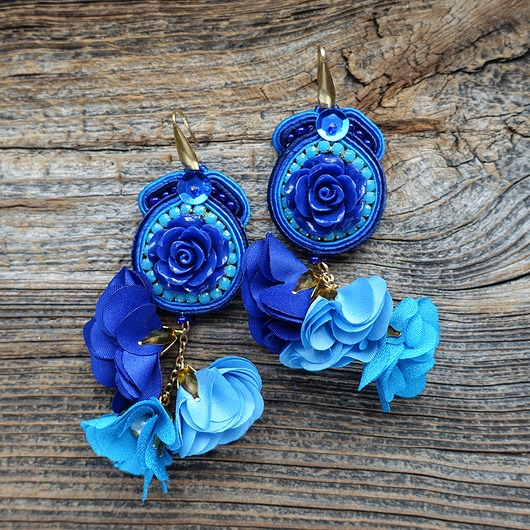 Image of Pakamera Koktajlowe kolczyki soutache- kobaltowo turkusowe