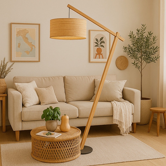 Image of Pakamera Drewniana lampa stojąca z rattanowym kloszem TORINO BOHO