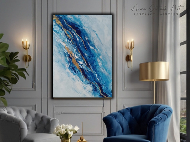 Image of Pakamera FALE Abstrakcyjny obraz akrylowy ze złotem, ręcznie malowany, 70x50 cm