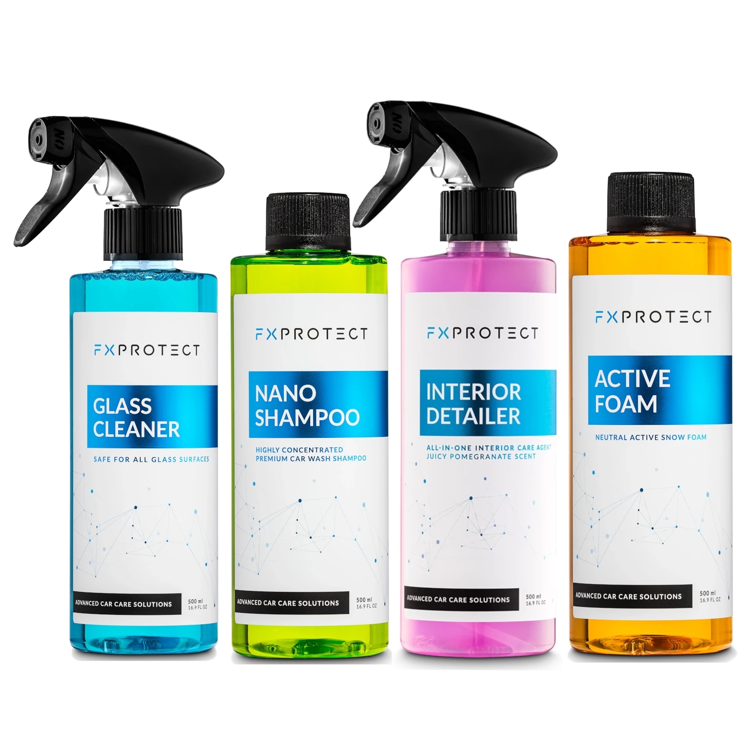 Image of FX Protect Zestaw Nano Shampoo 500ml + Glass Cleaner 500ml + Active Foam 500ml + Interior Detailer 500ml