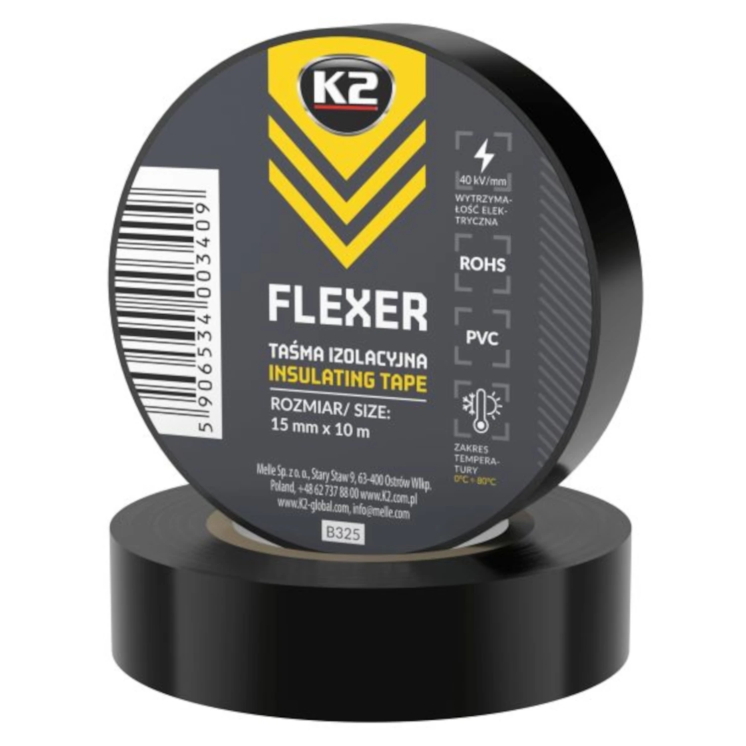 Image of K2 Flexer Taśma Izolacyjna Mała Czarna PCV 15mm x 10m B325