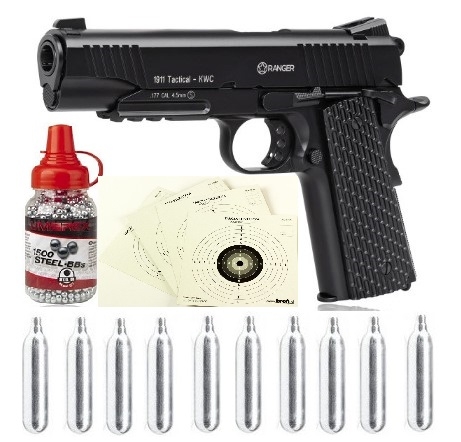 Image of Pistolet wiatrówka RANGER 1911 Tactical KWC 4,5 mm BB 17-strzał. Zestaw: +tarcze20 +śrut1500 +kapsuły10