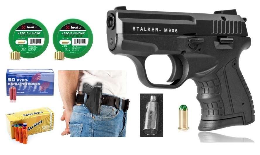 Image of zestaw sylwestrowy - pistolet hukowy stalker m906 czarny +naboje 200 +race 100 +kabura