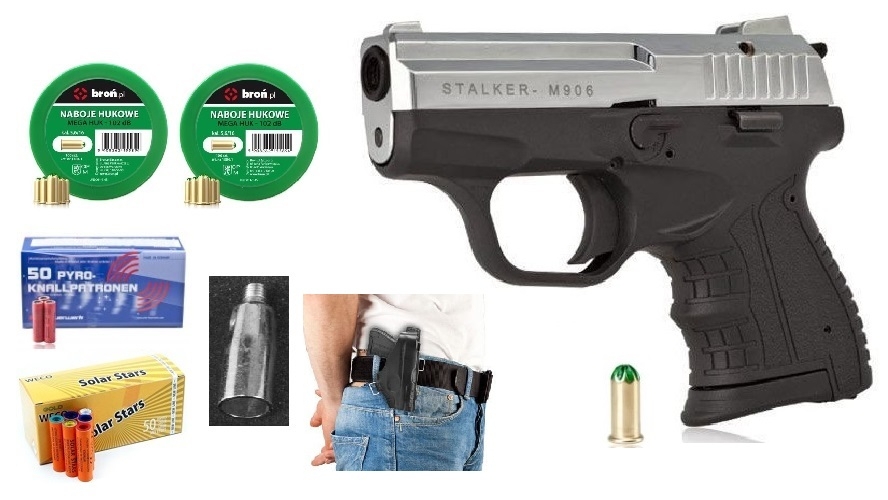 Image of zestaw sylwestrowy - pistolet hukowy stalker m906 chrom +naboje 200 +race 100 +kabura