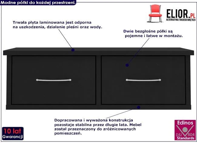 Półka ścienna z szufladami Toss 2X - czarna