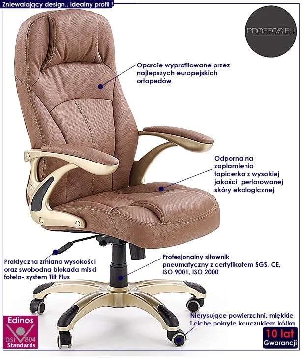 Ergonomiczny jasnobrązowy fotel obrotowy z ekoskóry - Karel