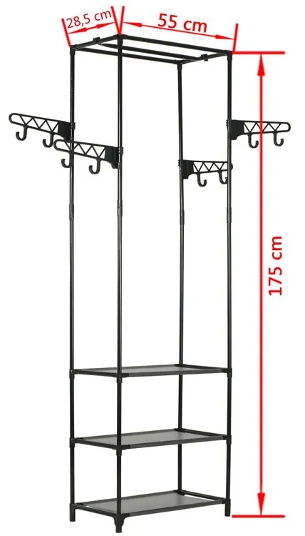 Czarny wolnostojący wieszak na ubrania z półkami - Kepler 2X