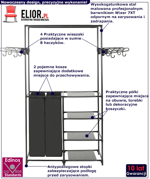 Wolnostojący wieszak na ubrania z półkami i koszami - Kepler 4X