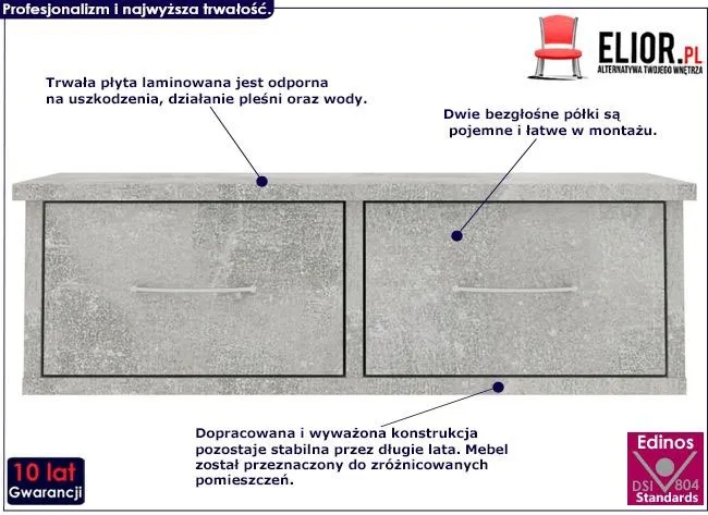 Półka ścienna z szufladami Toss 2X - szarość betonu