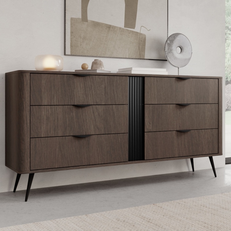 Komoda z szufladami Veris 163,2 cm, dąb dunin/czarna, ryflowana, zaokrąglona