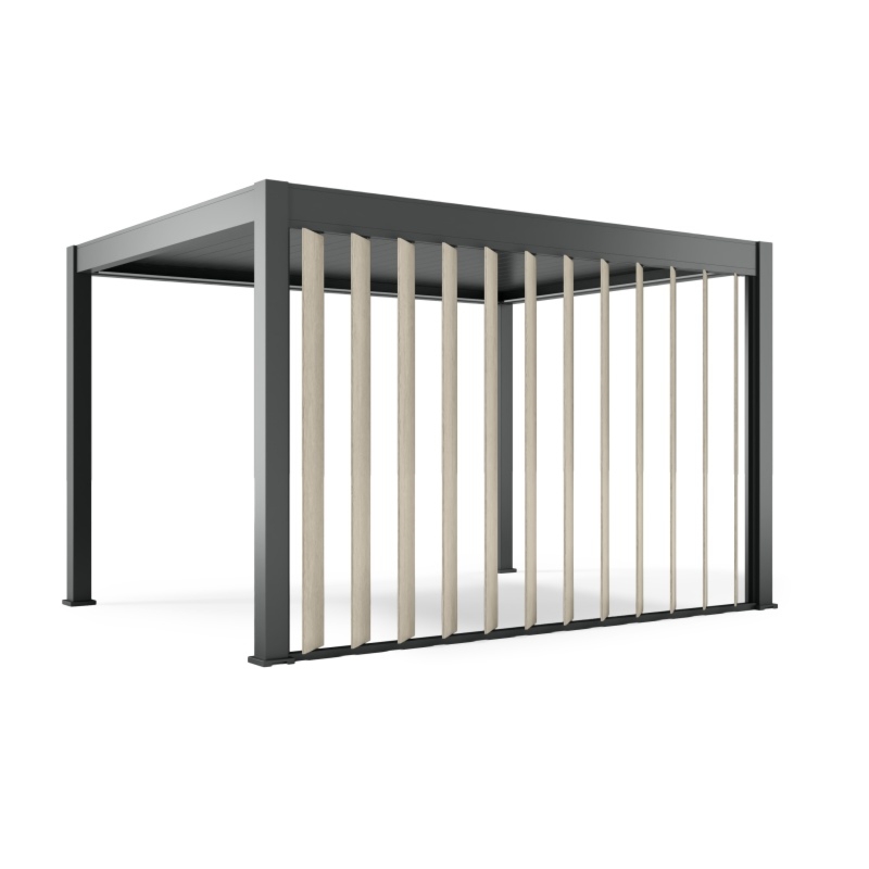 Elektryczny panel żaluzjowy 370 cm do boku pergoli 4 m, oświetlenie LED antracytowy/efekt drewna, pionowy