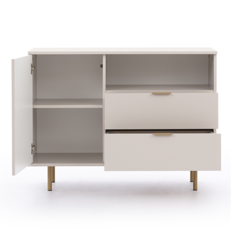 Komoda jednodrzwiowa z szufladami Nubia, ryflowana, beżowa/złote nóżki