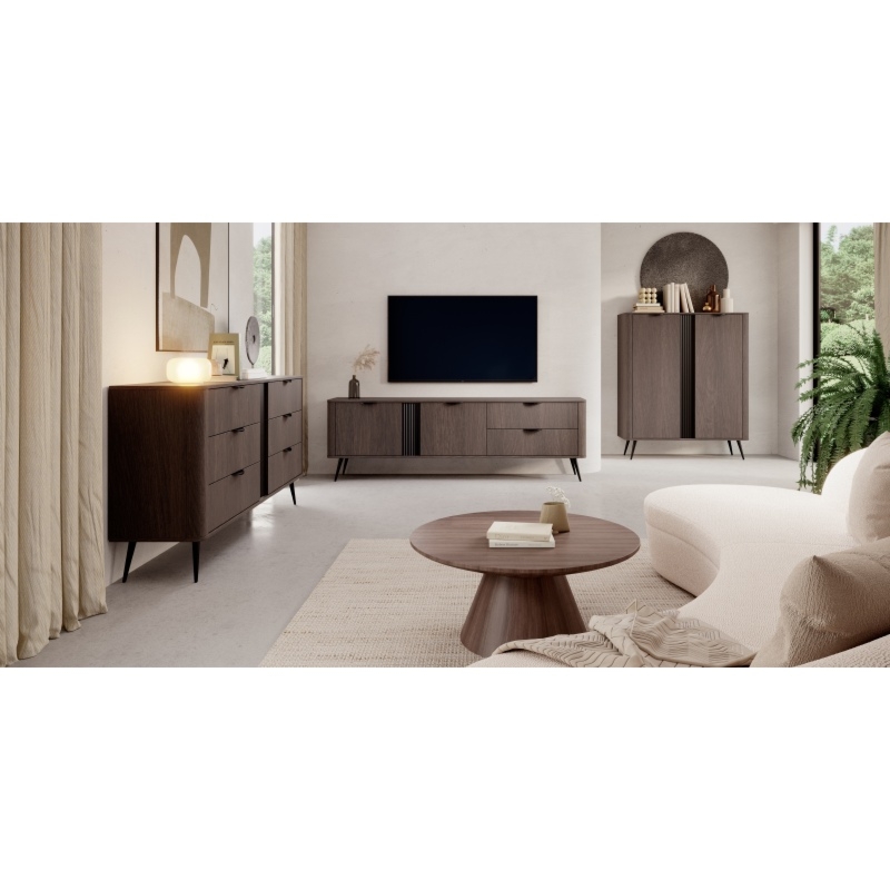 Dwudrzwiowa szafka RTV z szufladami Veris  dąb dunin/czarna, ryflowana, zaokrąglona